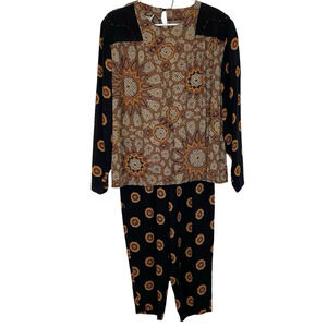 Vintage 80s 90s Outfit Shirt Pants Set Womens Plus Size 1X Black Gold Print